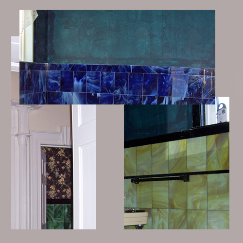 Brilliant colored cobalt blue, emerald, and topaz Italian Bath Tiles installed by Hyer Family in bathrooms in 1930