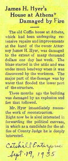 Catskill Enterprise newspaper clipping dated September 19, 1935 about fire in Anthony Rutgers Livingston House attic. 