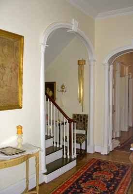 Staircase redirected from center hall by Hyer Family in 1930s to former dumbwaiter shaft area